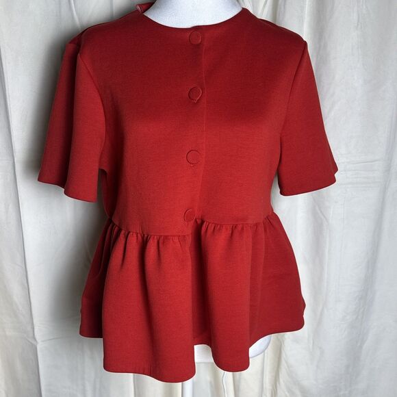 H&M Scuba Peplum Holiday Red Festive Button Down Blazer Top Size Medium - Picture 2 of 8